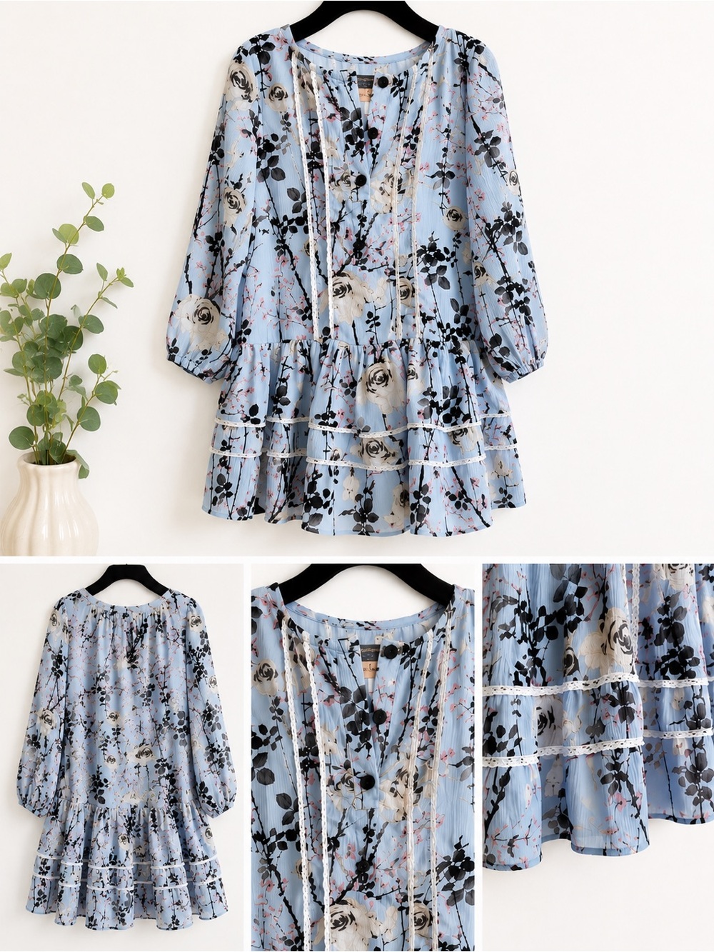 Little Girls Pippa & Julie Light Blue Floral Tiered Ruffle Tunic